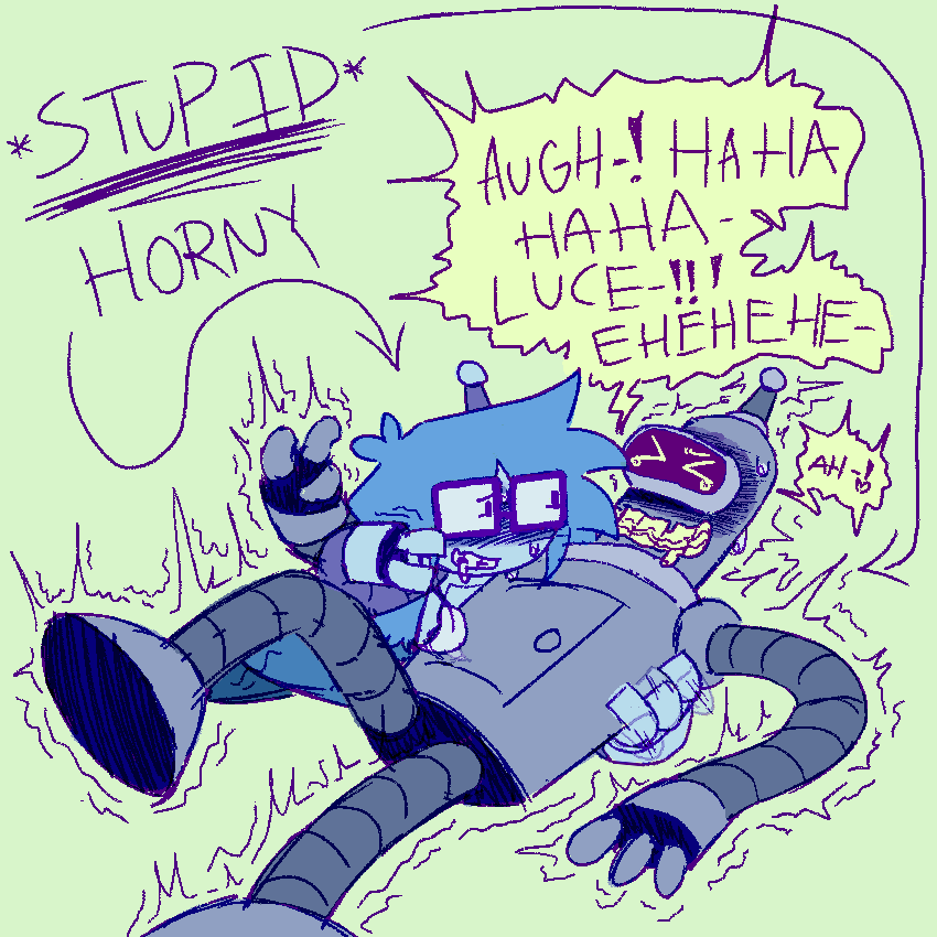 lucy and bender laying on the floor, lucy tickling him, one hand with a feather on his belly and the other scribbling their fingers on his side. benders speech bubble reads “AUGH-! HAHAHAHA- LUCE-!!! EHEHEHE-“ “AH-!” arrows point to both of them with the caption “*STUPID* HORNY”