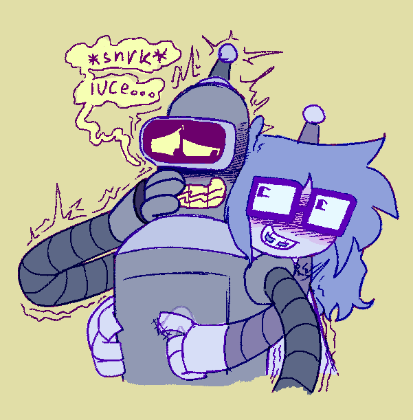 lucy hugging bender from behind and scratching his belly, while bender giggles and twitches. his speech bubble reads “*snrk* luce…”