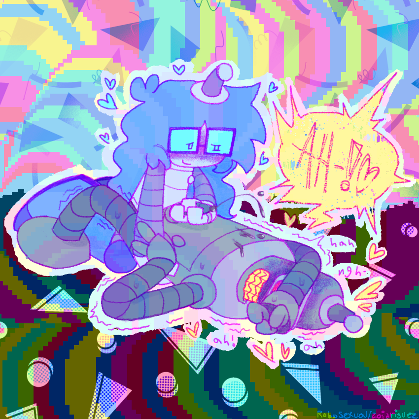 bender laying down with an arm over his face, covering his eyes and blushing profusely. he’s holding onto lucy’s arm that’s holding onto him, while they peg him and jerk him off