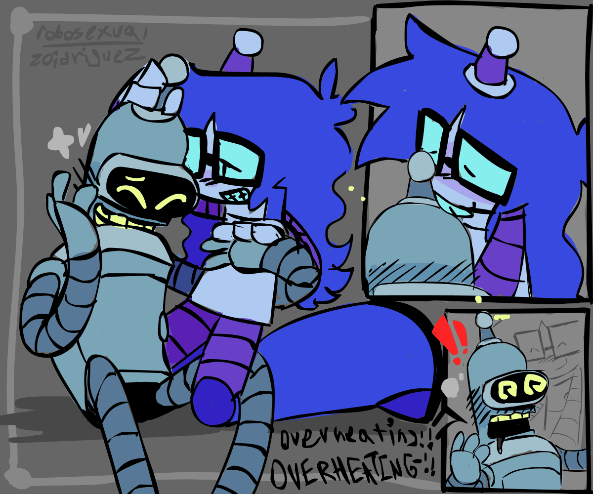 3 panel animation - 
Left - Lucy jerkin off benders antenna. He’s emitting steam and has his hand near his face, while he holds Lucys torso. Luv rubs his hand soothingly.
Top right- Lucy licking his antenna. He jolts as they get near the top and sparks come out of it.
Bottom right - bender with swirly eyes as he overloads, sparks flying from his antenna as steam billows out of him. “overheating! OVERHEATING-!!”