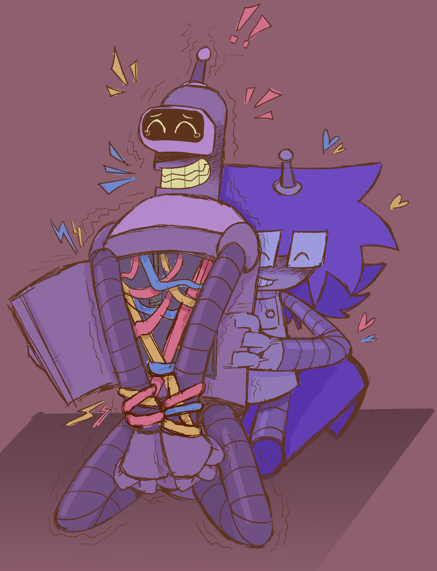 bender on his knees, his arms tied with his own wires, while lucy tickles him from behind.