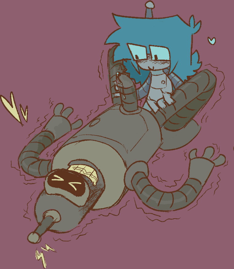 bender laid down with lucy between his knees, tickling his thighs. his cock is erect and leaking oil.