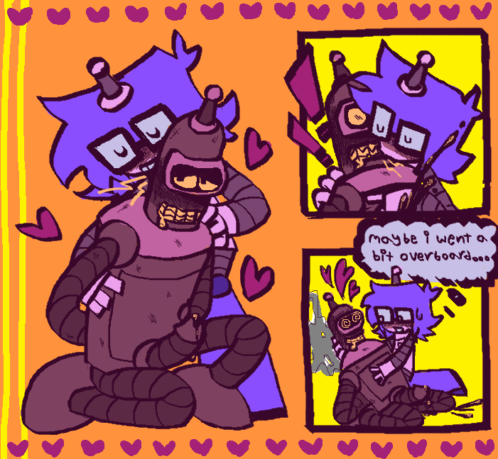 lucy kissing bender, who has marks all over his body from where lucy had kissed him previously. luce kisses him on his mouthplate and he cums instantly, falling back in luce's arms, who thinks 'maybe i went a bit overboard...'