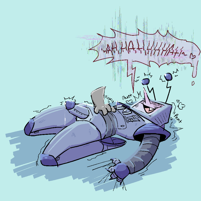 tenna on the ground, getting his tummy tickled and moving into the touch, his cock leaking. he’s laughing helplessly, his giggles glitching out while he grips the sheets. his claws and fangs are showing.