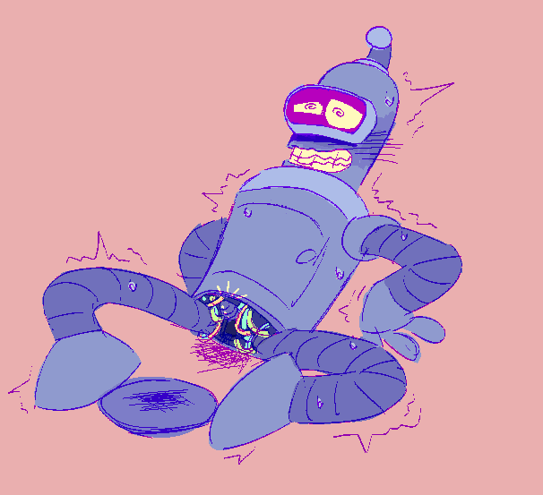 bender laying on the ground blushing. his eyes are spirals and he’s shaking, his ass bottom plate taken off revealing a mass of wires and his clit sticking out, hard