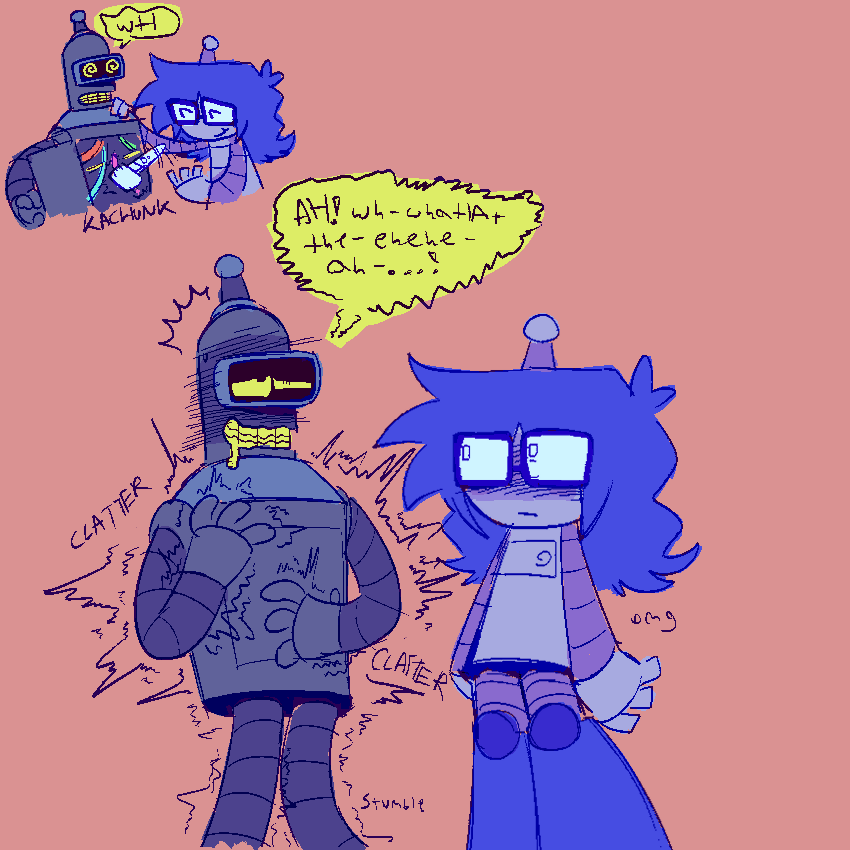 top left - bender with his chest compartment open, his eyes are dizzy and lucy is throwing a vibrator in him with a kachunk. “WH”
main - bender trembling and stumbling over himself while his body clatters, his eyes are rolling back and he’s drooling. lucy is looking at him baffled but turned on. “AH! whaHAt the- ehehe- ah-…!”