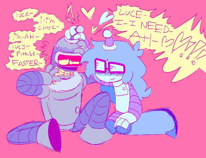 bender and lucy laying on the ground together. benders eyes are rolling up and he looks pleased while lucy stares at him happily, jerking off his antenna
bender - “luce- i-i’m close- i’m- AH- lucy- please- FASTER- LUCE- I- I NEED- AH-♡ ♡!!!”