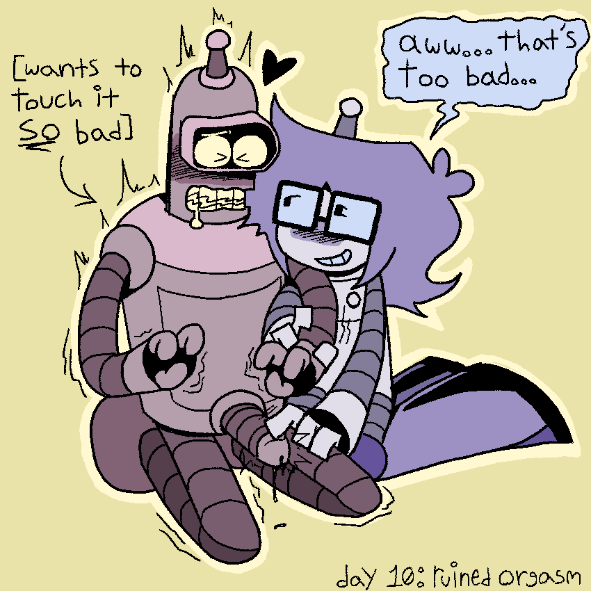 Luce touching benders cock, ruining his orgasm while bender tries to grab at his cock, but Luce holds it in place. “Aww… that’s too bad…”