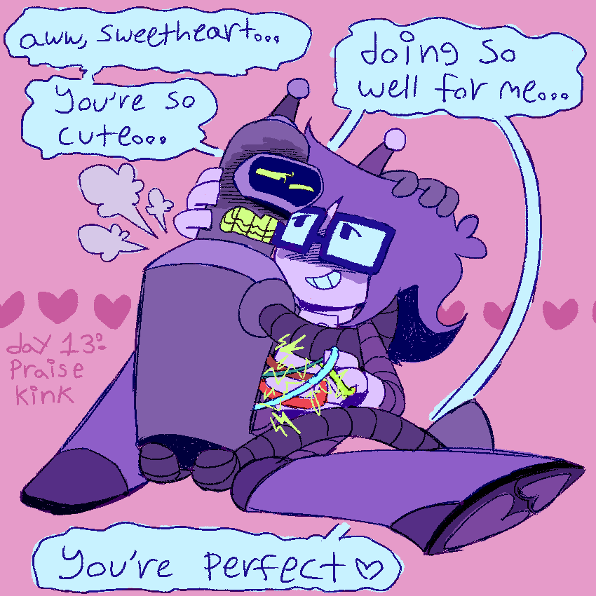 Luce and bender holding each other close, looking at each other lovingly. Lucy is pulling benders wires. “Awww, sweetheart… you’re so cute… doing so well for me…you’re perfect”
