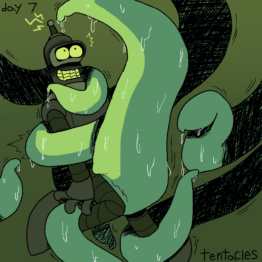 Bender tied up in some tentacles, one sliding between his legs and reaching for his antenna while he looks up at it eagerly