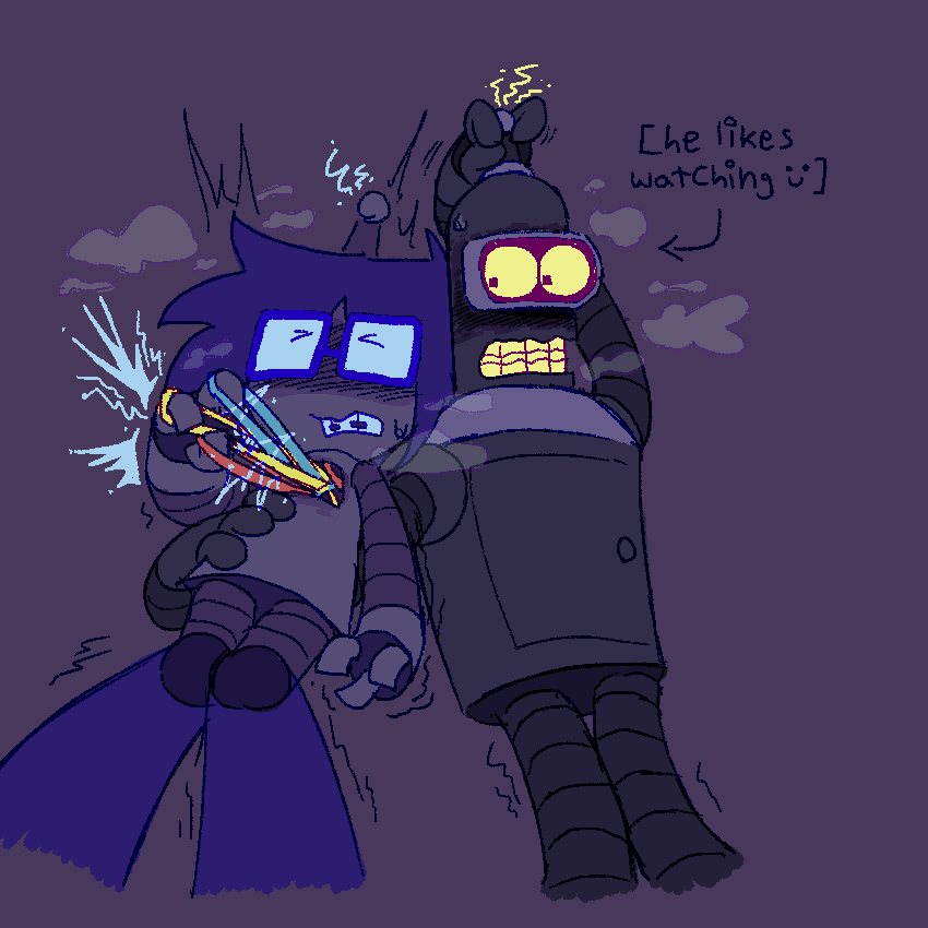 lucy [blue haired robot with big glasses] laying next to bender. lucy has their eyes shut and is pulling on their wires, while bender looks at them while rubbing his antenna with an arm around them. an arrow is pointed at him with the text “he likes watching :)”