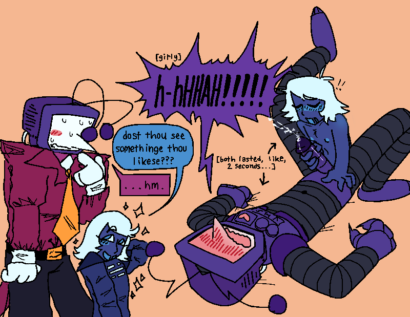 left - rouxls standing next to and looking at tenna flirtatiously, who's a little flustered and confused. 
rouxls-'dost thou see somethinge thou likese?'
tenna-'...hm.'
right-rouxles pegging tenna. tennas grabbing at the sheets with his claws while rouxls holds his cock. both are moaning girlishly, and arrows point ot them labeled [both only lasted, like, 2 seconds...]