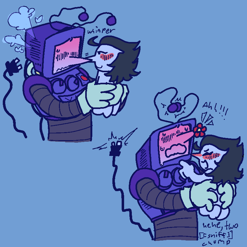 1- spam and tenna rubbing the sides of their noses together. spamtons fairly calm while tenna struggles to keep it together.
2- tenna blooms a flower from his nose, moaning while spamton points and laughs. 'hehe, two [[sniff]] chump.'
