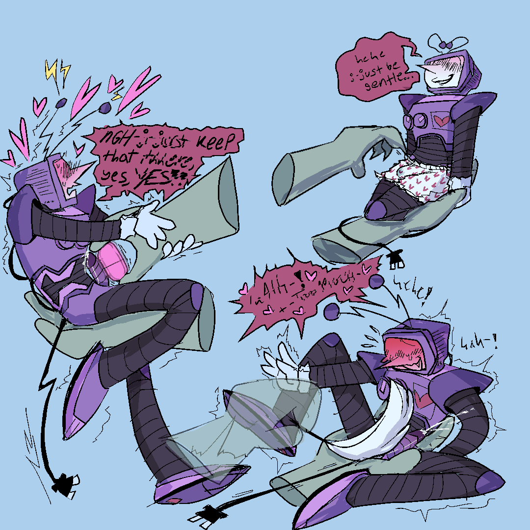 left - tenna being held in one hand while the other holds a bullet vibe to his cock. he’s holding onto them tightly, pleading while his screen is bright pink. 
“NGH- j-just keep that thhere, yes, YES!!”
top right - tenna held gently, his tail wrapping around their arm. he’s in heart boxers while another hand grabs his waistband with a nail. 
“hehe, j-just be gentle…”
bottom right- tenna held in one hand and being tickled with a feather that covers his whole torso, brushing up against his cock. he giggles and struggles between wanting to pull away and wanting more stimulation, cumming from the onslaught. 
“h-AH-! t-too much-!!”