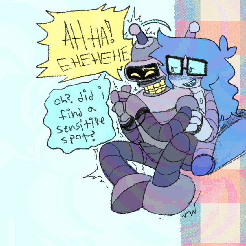 lucy and bender sitting on the floor, lucy is tickling his armpits and his wrists are tied together, with his dick hard and leaking oil
bender - “AH-HA! EHEHEHEHE-“
lucy - “oh? did i find a sensitive spot?”