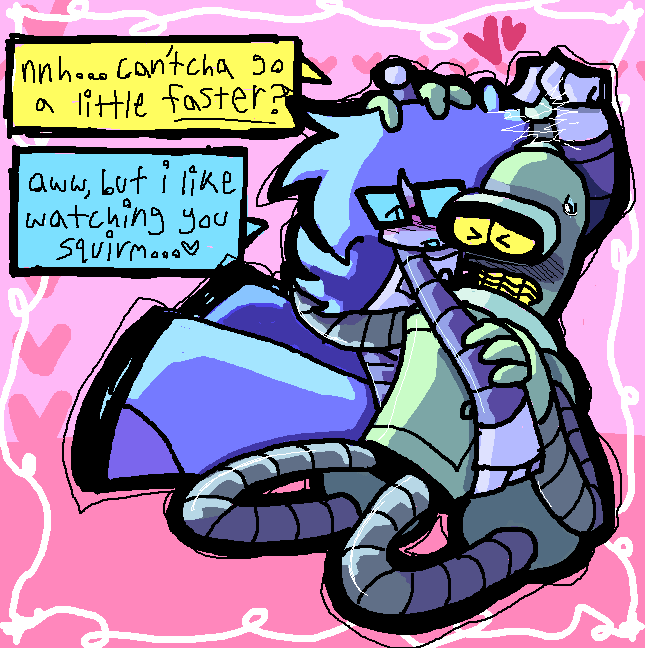 bender and lucy hugging each other, lucy has a finger on the tip of his antenna. 
bender: “nnh… can’tcha go a little faster?” 
lucy: “aww, but i like watching you squirm… <3”