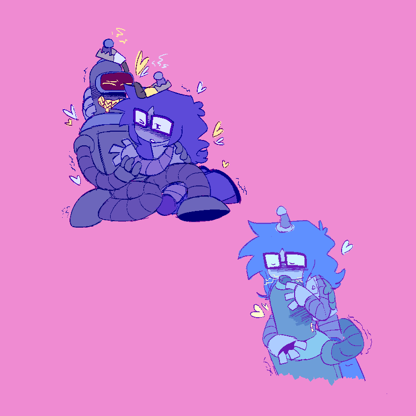 top left - lucy and bender holding each other looking pleasured. a cable is attached, connecting both their antennas. 
bottom right - lucy sucking on benders antenna, one hand resting on his neck and the other holding onto his head. bender is holding onto them tightly and burying his face in their belly.