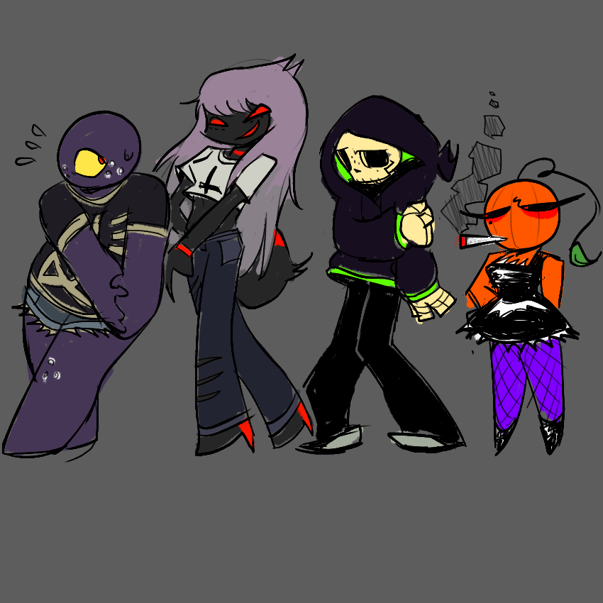 left to right:
luna - a chubby purple thing with one yellow eye and a red pupil, wearing a skeleton t-shirt and shorts. she look shy around zoe.
zoe - a tall skinny red widow spider with pale pink hair with grey highlights, wearing a crop top with an upside down cross and ripped jeans. she’s more outgoing 
axel - a tall skeleton with acne and a dark baggy hoodie with neon green highlights. he’s very shy and unconfident 
autumn - a short pumpkin girl with a beauty mark, wearing black dress and purple fishnets. she’s smoking a cigarette and looks unbothered