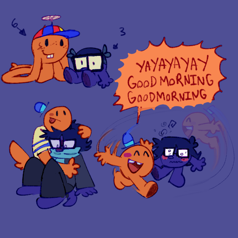 Top left - doodles showing Mr tickle and Mr shy are childhood friends, Mr tickle being 3 years older than them. Here it’s Mr tickle being 6 while Mr shy is 3
Bottom left- Mr shy sitting down, Mr tickle wrapping his arms around him and resting his chin on their head.
Right- Mr tickle excitedly running circles around Mr shy, making them dizzy. ‘YAYAYAYAY GOODMORNING GOODMORNING’