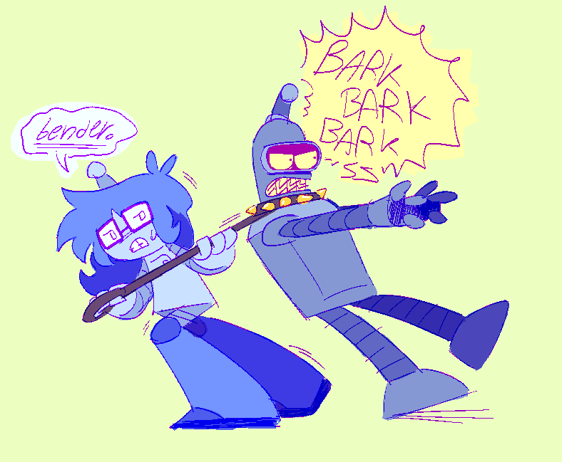 lucy struggling to pull back bender, who’s attached to a leash and is trying to get at something 
L- [hushed] bender.
b - BARK BARK BARK 