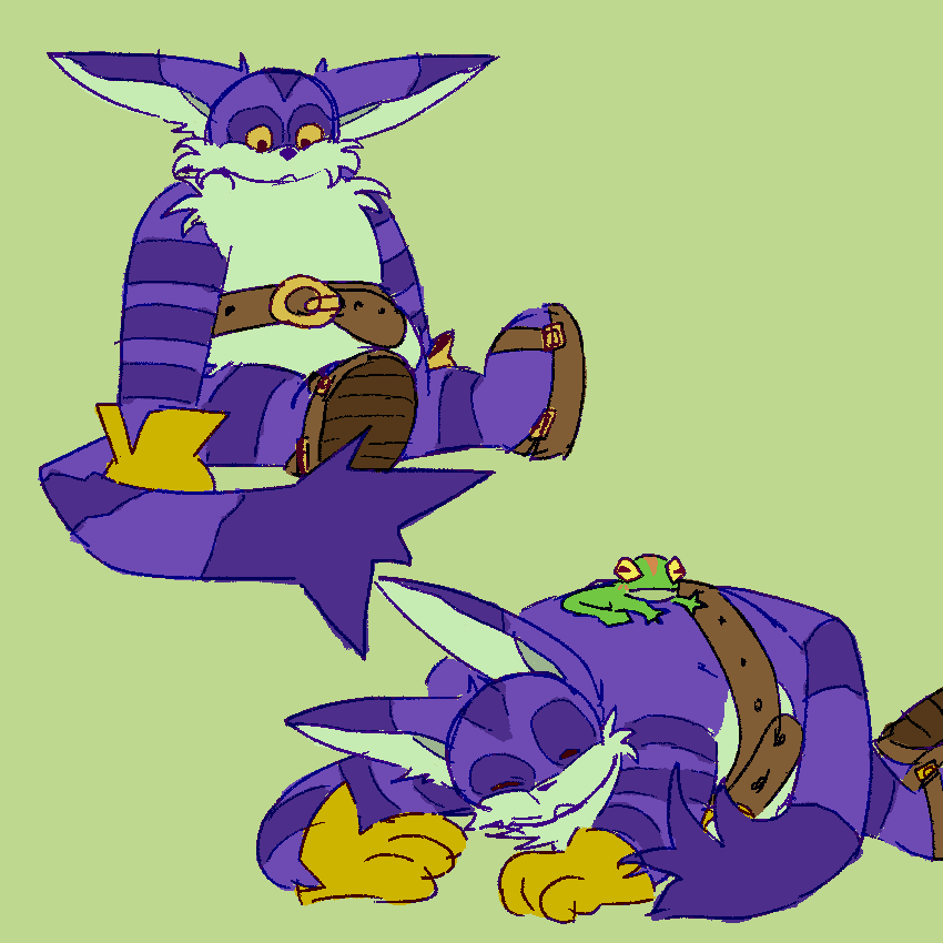 top: big the cat from the sonic series. he’s sitting down and looking down at nothing.
bottom: big again, curled up and sleeping on the floor. froggy is laying on his back.