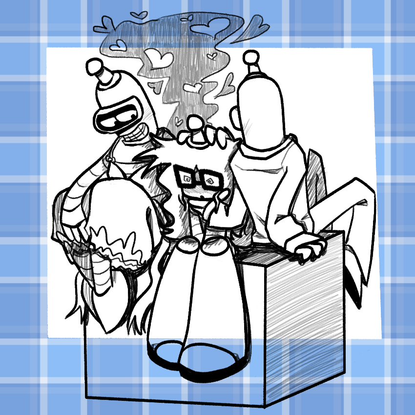 Lucy sitting on a box with 2 benders. One is wearing a bridal dress and petting their head, the other is wearing a tuxedo and has his back turned but is holding their face. Lucy is flustered with heart-shaped clouds of smoke coming out of them.
