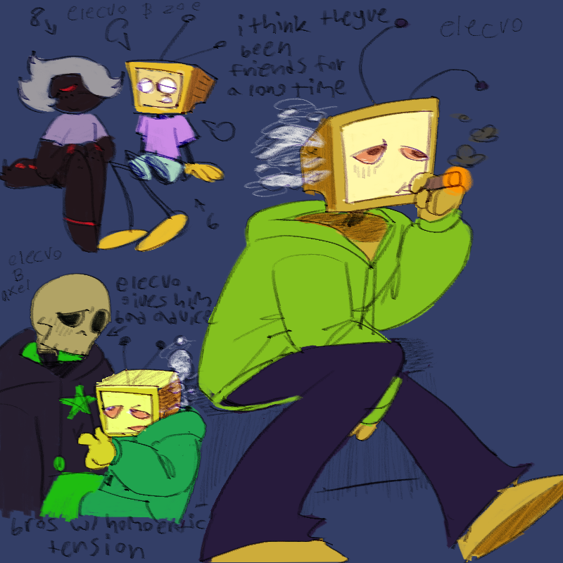 Top left - Elecvo and Zoe sitting together, as kids. [I think they’ve been friends for a long time]
Bottom left- Axel looking down at Elecvo, confused, while Elecvo jams a finger in his chest. [Elecvo gives him bad advice. They’re bros with homoerotic tension]
Right - elecvo sittin down and smokin