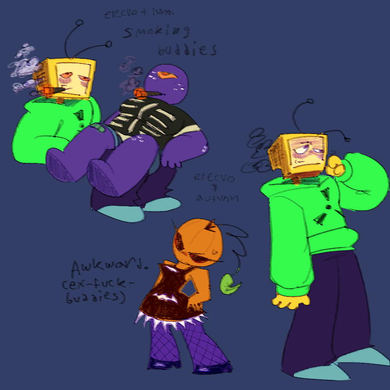 Top left - elecvo and Luna smokin together. Elecvo is sitting and Luna is draped over his knees. [They’re smoking buddies] 
Bottom right - elecvo and autumn. Autumn is irritated and annoyed while elecvo is unsure what to do with himself. Both are uncomfortable. [things are awkward between them (ex-fuck-buddies)]