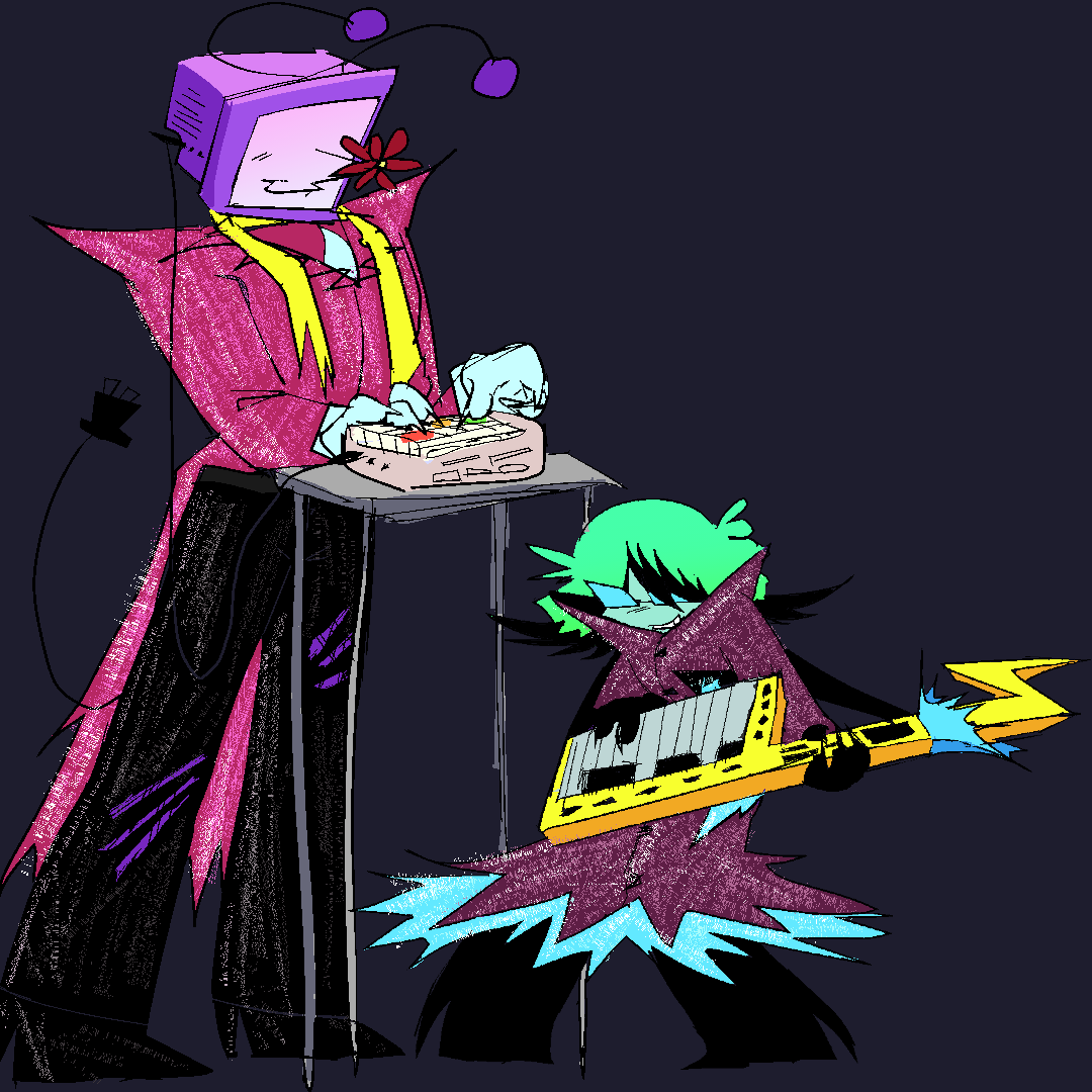 tenna and luce in rockstar outfits. tennas playing a midi controller while lucy is playing a keytar. their outfits are far more sparkly and spikey, tenna having ripped jeans and a ripped tie while lucy’s lab coat is flared at the base, with black highlights in their hair. luce is really into it and tennas just happy to be there