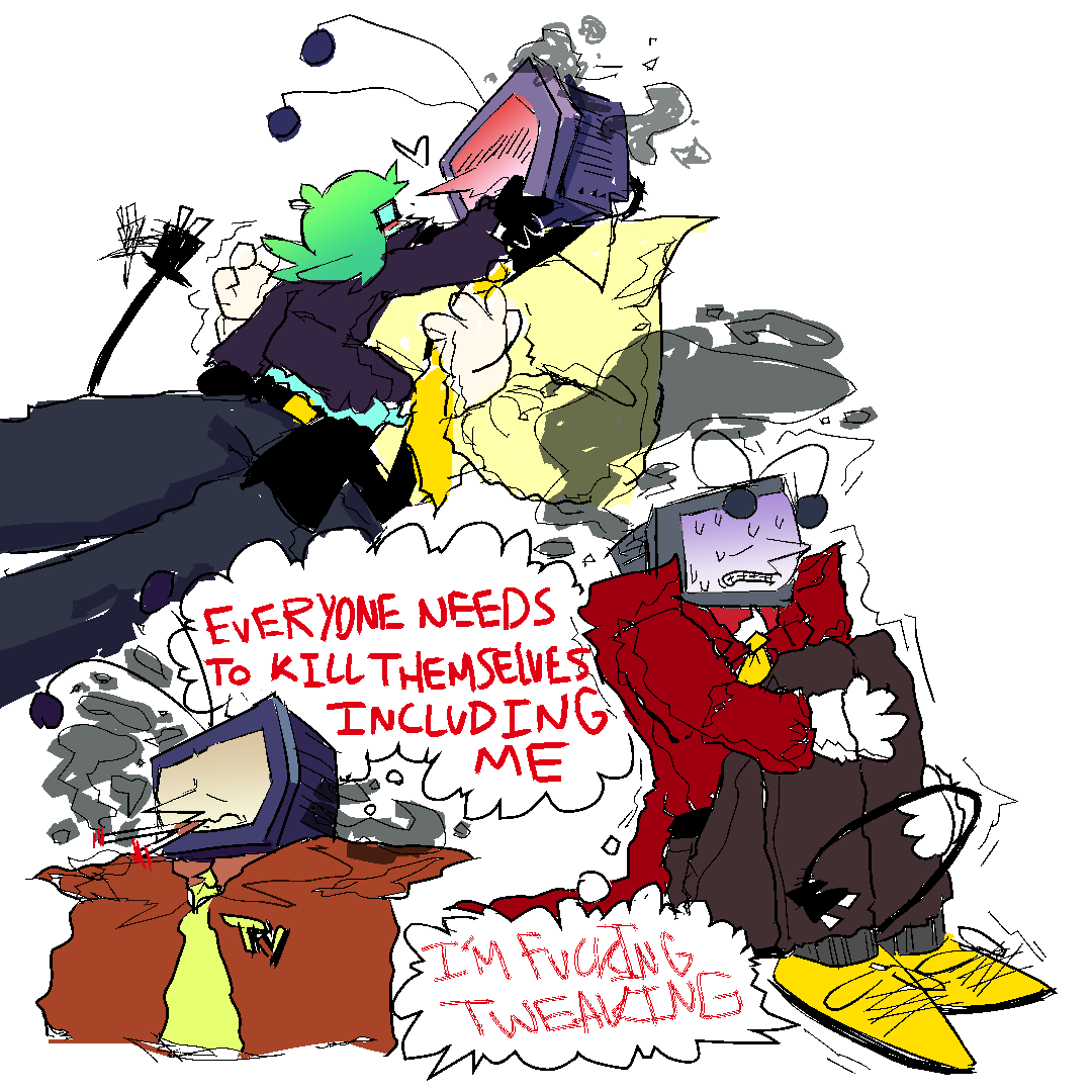 top left - luce sitting on top of tenna, cupping his face. tennas really flustered, unsure what to do with his hands.
bottom left - tenna smoking two cigarettes and looking peeved, thinking “EVERYONE NEEDS TO KILL THEMSELVES INCLUDING ME”
bottom right - tenna curled up, his tail between his legs, frightened, thinking “I’M FUCKING TWEAKING”