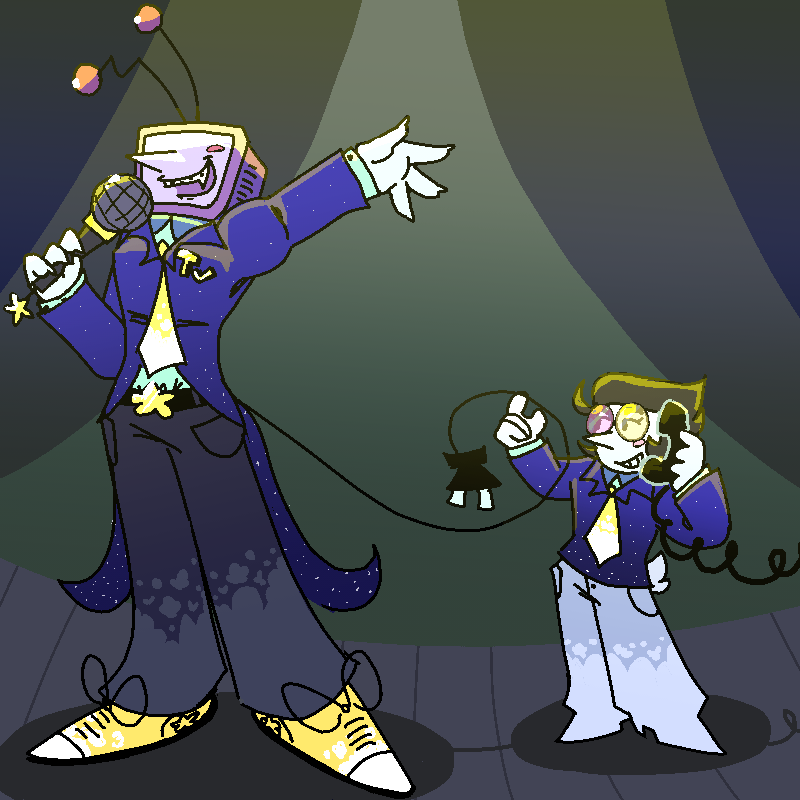 Tenna and spamton together on a stage. They’re wearing more late-night themed outfits, a deep blue with stars decorating it, tenna with a star belt buckle and a star on his mic. A cloud pattern is on their pants and ties.