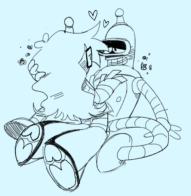 bender and lucy sittin down and cuddlin lovingly . joyous gayness between robots