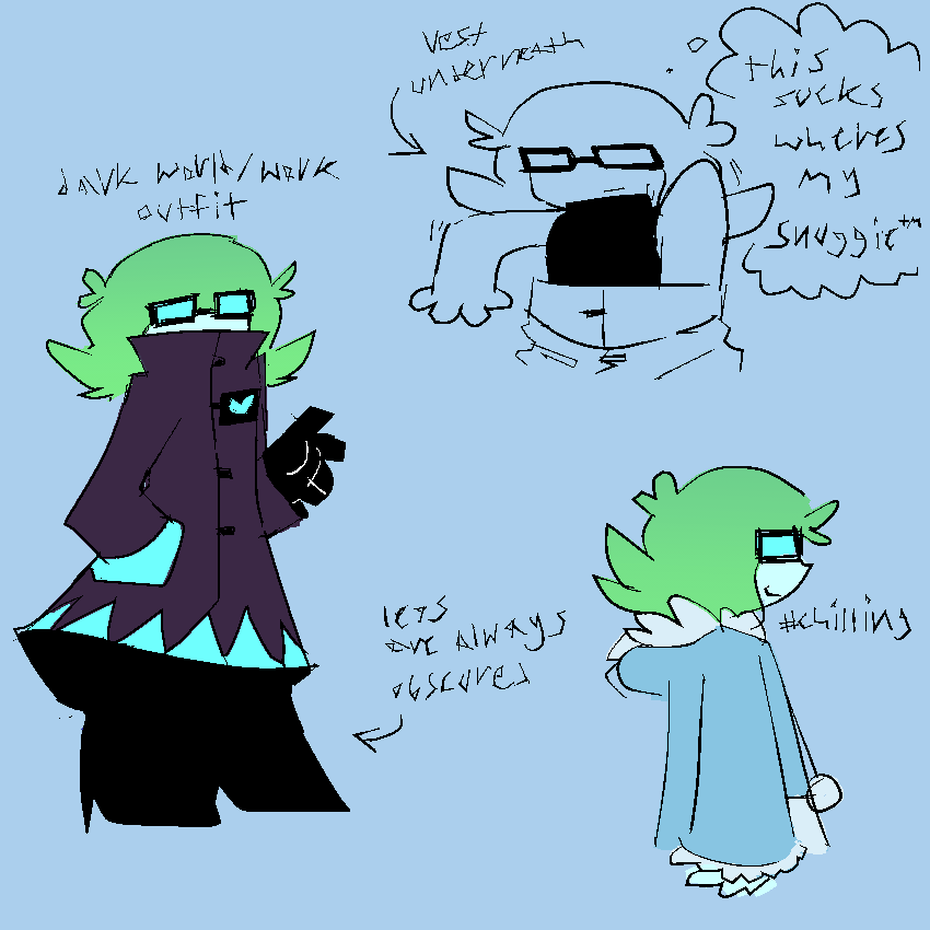 lucy, a self insert lightner with short wavy green hair, cyan glasses and pale blue complexion. their dark world outfit is a large lab coat with cyan details, and a heart over where theirs would be. they have black heels and gloves. they wear a vest with a collar under it. “[this sucks where’s my snuggie]” [bottom right - luce in the aforementioned snuggie.]
