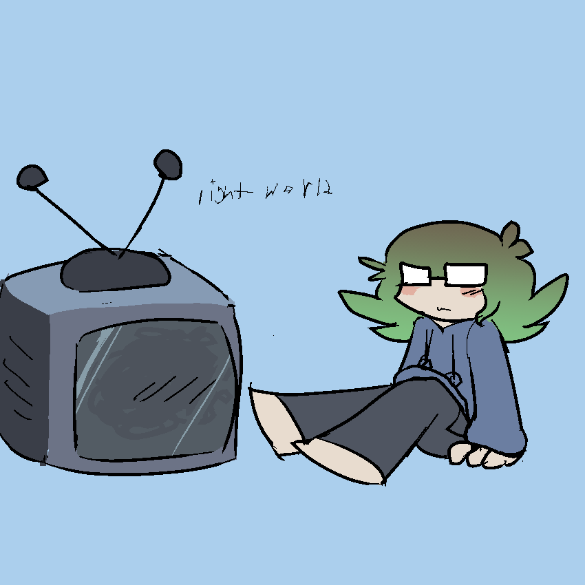 tenna and luce in the light world. luce wears fairly average baggy clothing, with greenish hair that hasn’t been properly dyed in awhile.
