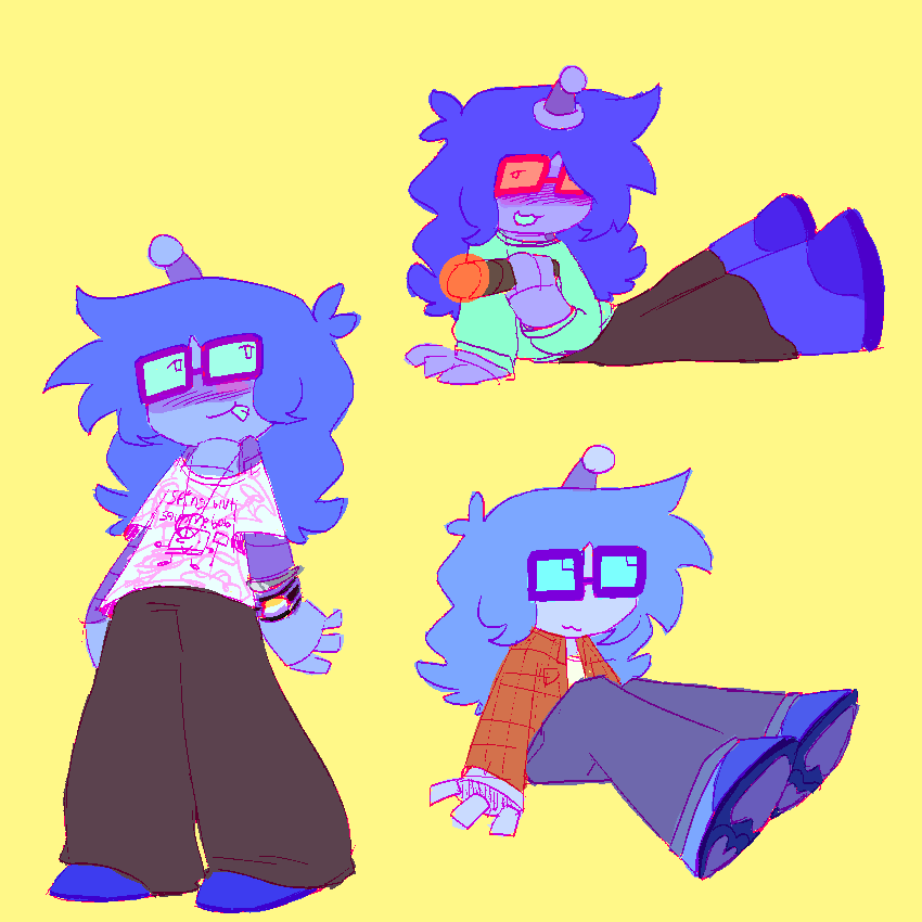 left - lucy in a spongebob shirt and long pants, with a peace sign necklace and bracelets
top right - lucy laying down and offering a joint, wearing a sweater and a long skirt
bottom right - lucy sitting wearing a white shirt, reddish flannel and jeans