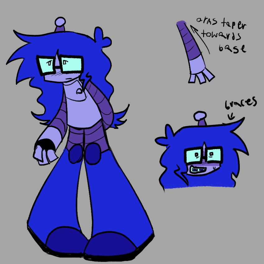 a ref sheet of lucy, a futurama self-insert oc. they have a round face, square glasses, and long blue hair with huge blue boots.