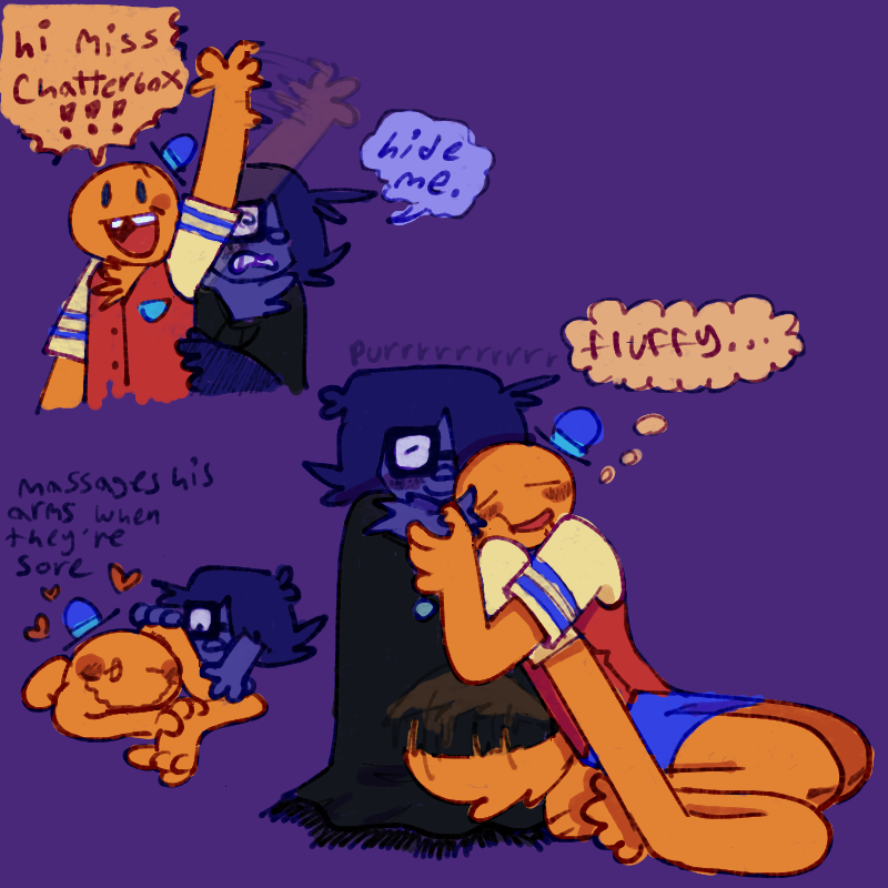 Top left - mr tickle waving excitedly. Mr shy is behind him, trying to not be noticed
Mr tickle: ‘Hi Miss Chatterbox!!!!’
Mr shy: ‘hide me.’
Bottom left - Mr tickle laying down, looking quite content while Mr shy massages his sore arms
Bottom right: Mr shy sitting, purring contently as Mr tickle buried himself in their chest fur, his tail wagging. [thinking] ‘fluffy…’