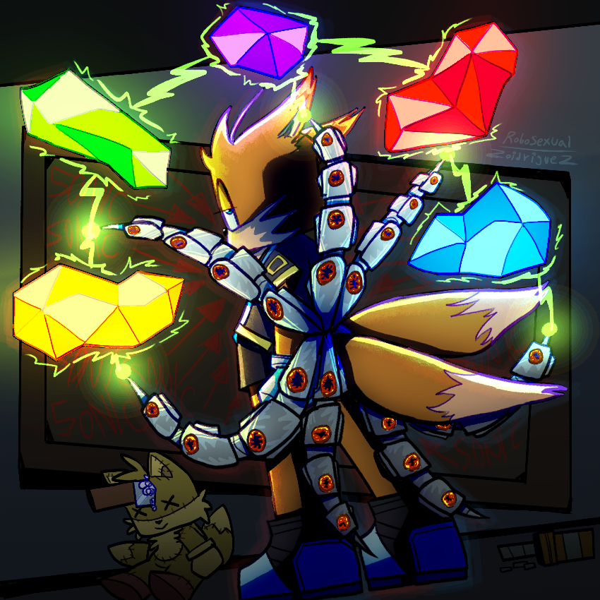 nine [from sonic prime], facing away but looking back, in front of a board with sonics name scrawled on it and arrows pointing to him. his tails are holding the prism shards, and on the floor is a tails plushie with a knife through its head and a spilled-over pill bottle.
