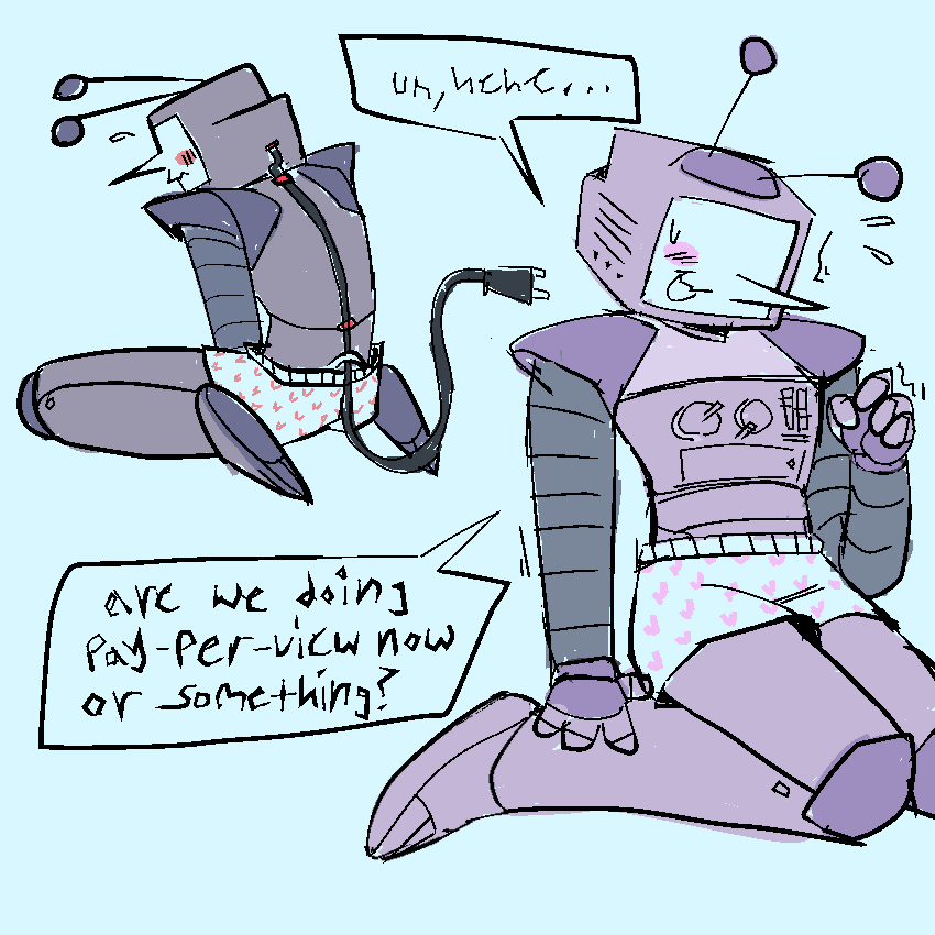 top left - tenna sitting down with his back facing the viewer, in his boxers and looking flustered
right - tenna embarassed “um, hehe… are we doing pay-per-view now or something?”