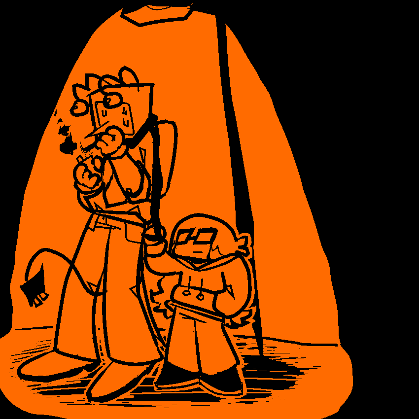 a black and orange drawing of tenna and lucy under a street lamp. tenna has his tail and antenna curled up to resemble a puppy, while he smokes a cigarette, sweating. lucy has him on a leash, looking jo at him with an unreadable expression