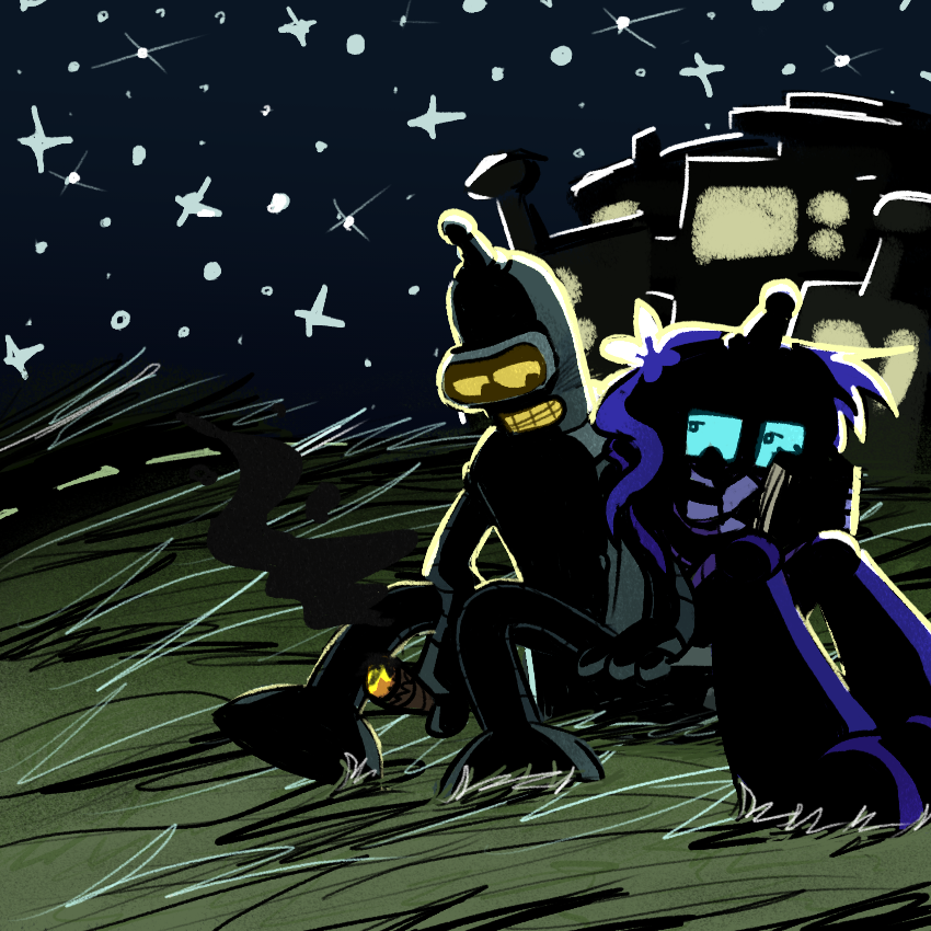 bender and lucy sitting down on a rock on the outskirts of a city. luce is writing something down while bender looks at them lovingly, smoking a cigar.