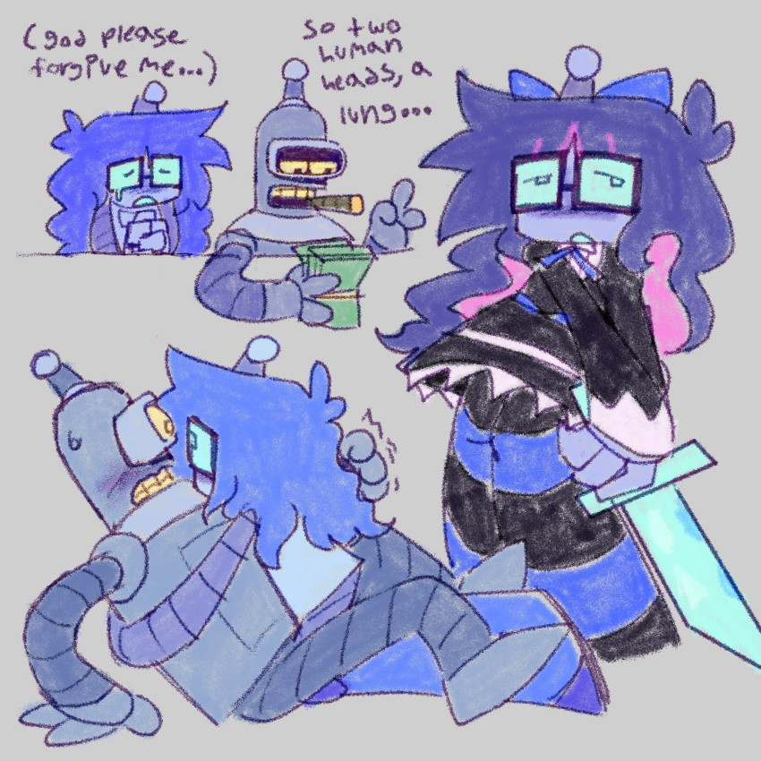 top left - lucy with their hands clasped together guiltily. bender is next to them with a cigar in his mouth and a handful of cash. 
lucy - “(god please forgive me…)”
bender - “so two human heads, a lung…”
bottom left - bender laying down, lucy hugging his chest. he seems nervous to hug them back. they’re both looking deeply into each others eyes
right - lucy dressed as stocking from panty and stocking, looking bored while carrying the sword