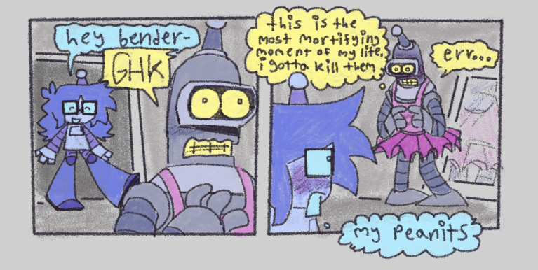 2 panels
1- lucy walking into a the room as bender is wearing a dress, he looks shocked
lucy - “hey bender-“
bender - “GHK”
2- bender looking embarassed, back facing a mirror. lucy looks surprised 
bender [thinking] - “this is the most mortifying moment of my life. i gotta kill them”
bender - “err…”
lucy [thinking] - “my peanits”
