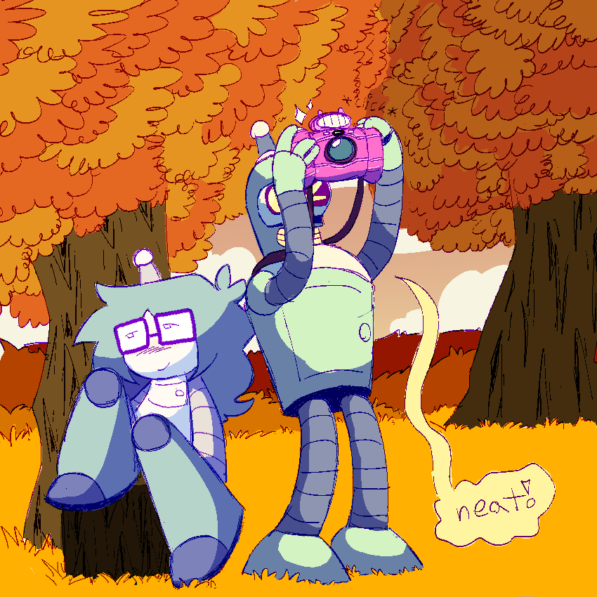 bender and lucy next to each other in a forest in autumn. light is shining on them both. lucy is sitting on a log and looking off to the distance, while bender stands next to him and takes a picture with his camera.
bender  - “neat!”