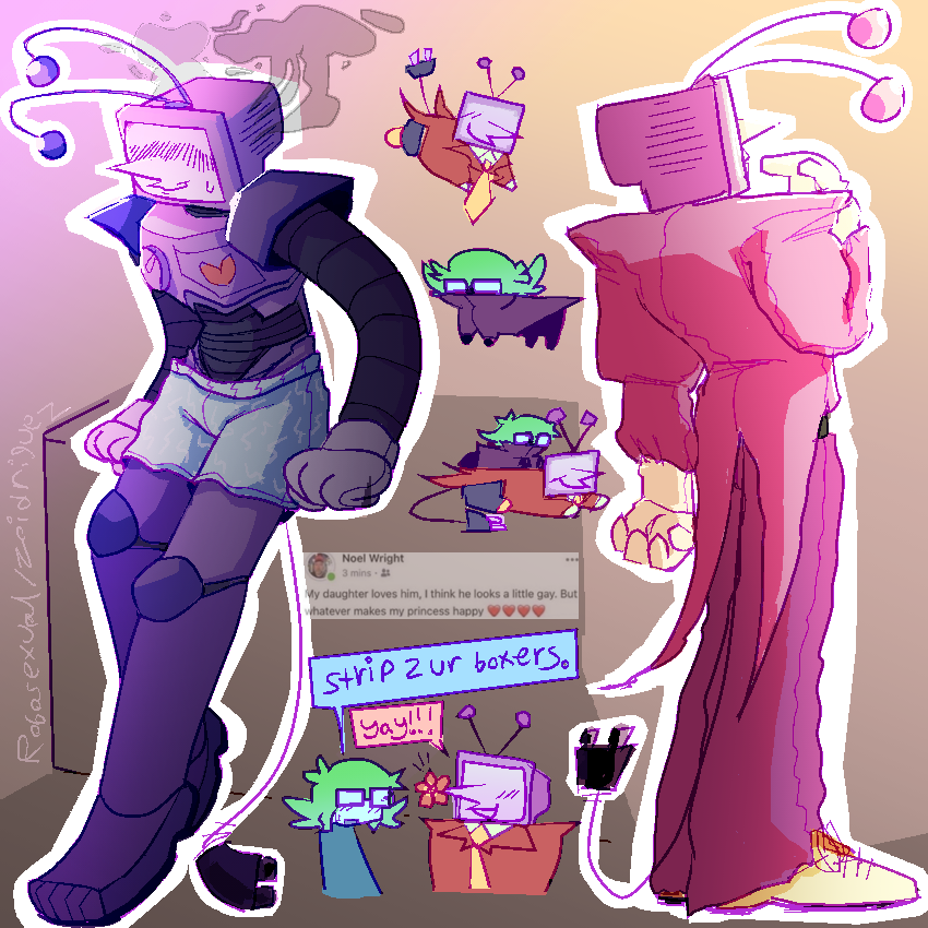 left - tenna pinup. he’s in cyan boxers and leaning against a box. he looks pleased but a little shy, wisps of smoke escaping his vents. 
right - tenna standin with his dumb side profile. not much else to say
middle top - tenna and lucy creatures. hangin out
middle bottom - lucy talking to tenna, who has a flower blooming on his nose. 
luce - “strip 2 ur boxers.”
tenna - “yay!!!”
[My daughter loves him, I think he looks a little gay. But whatever makes my princess happy️️.
