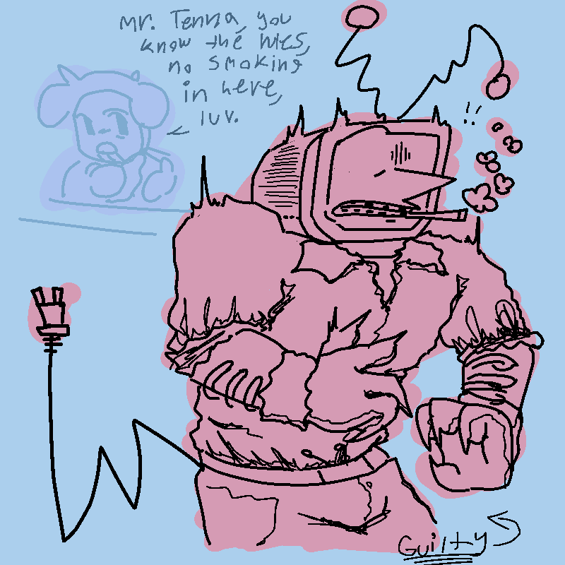 ramb asking tenna to put out his cigarette, tenna being surprised and guilty about it.
“Mr. Tenna, you know the rules, no smoking in here, luv.”
