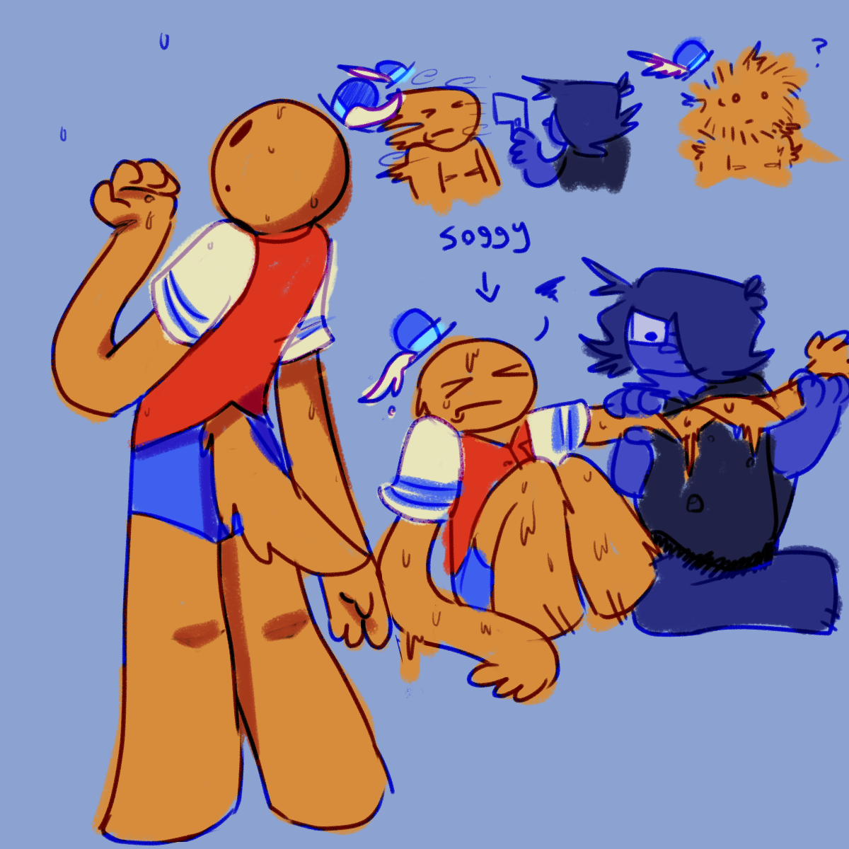 left - mr tickle caught in the rain, looking up with a few droplets on his hand and head
bottom right - mr tickle soaked, mr shy is wringing out one of his arms. soggy
top right - mr shy blowing him off with a blowdryer, poofing him up 