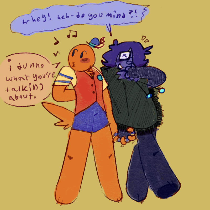 Mr tickle and Mr shy holding hands, Mr tickle nonchalantly tickling his. 
Mr shy: ‘h-hey! Heh- do you mind?!’
Mr tickle: ‘i dunno what you’re talking about.’